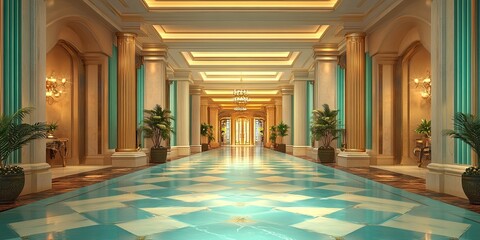 Fototapeta premium expensive hotel lobby with luxury light green wooden panels, carvings royal style and elegant glowing floor 