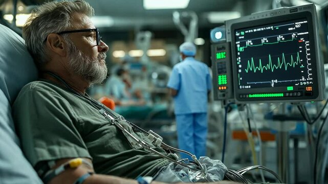 Elderly patient monitored in hospital room, senior man with vital signs displayed on screen, critical care and medical technology for aging population