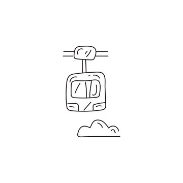 recommend clip art: Hand-drawn doodle of a cable car or gondola in the sky above clouds. Illustration of transportation, travel, and adventure.
