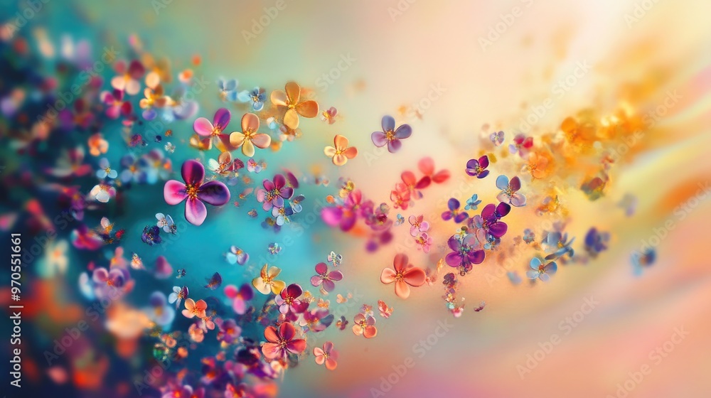 Poster delicate swirls of colorful tiny flowers, dancing across a dynamic pastel background, creating an in