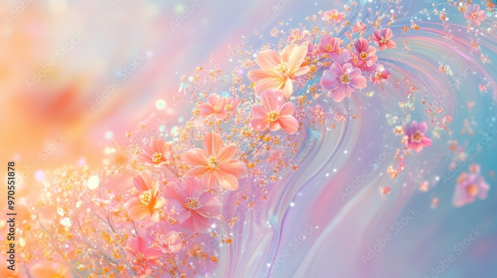 Poster delicate swirls of colorful tiny flowers, dancing across a dynamic pastel background, creating an in