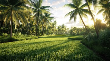 Obraz premium lush, green rice paddy bordered by tall, swaying palm trees.