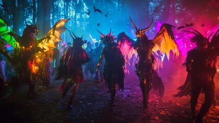 Costumed Figures Dancing in a Foggy Forest at Night