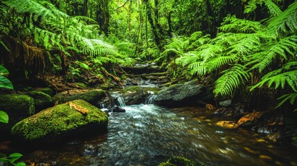 lush rainforest with a river running through it, captured with a green screen background.