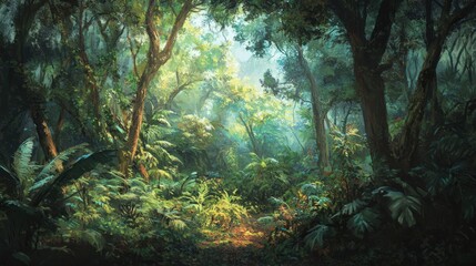 lush, temperate forest with towering trees and a dense undergrowth.