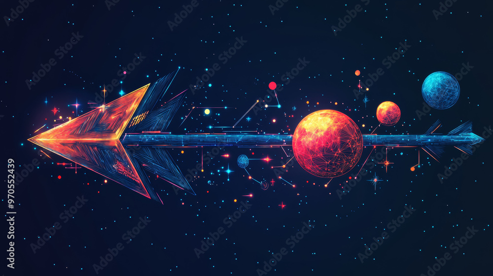 Poster a stylish arrow made of stars, planets, and space elements. this design uses simple shapes and lines