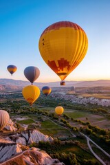 Obraz premium Balloons gently flowing into the air, carried by the breeze over a vast landscape.