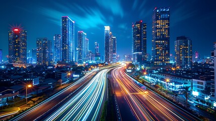 Fototapeta premium Night Cityscape with Highway Traffic Lights