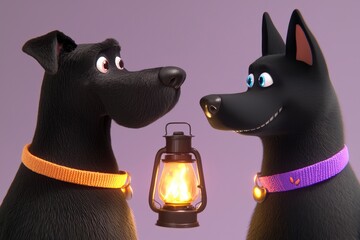 Two Cartoon Dogs Looking at a Lantern
