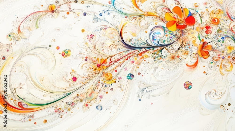 Poster dynamic swirling lines of tiny colorful floral elements, gracefully arranged on a soft white-pastel 