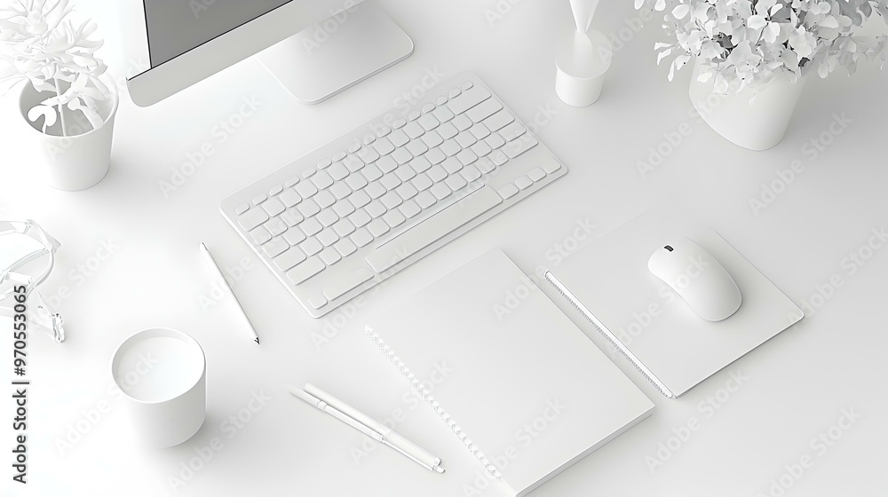 Poster modern workspace setup featuring a sleek keyboard, ergonomic mouse, and a creative sketchpad for dig