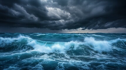 Fototapeta premium A stormy sea with large, churning waves and dark, ominous clouds overhead, highlighting the ocean's formidable power.