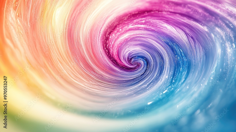 Poster dynamic swirling rainbow colors blending into a soft pastel background, creating a vibrant and visua