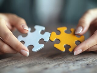 A close-up of hands connecting two puzzle pieces, symbolizing collaboration and problem-solving in a business environment.