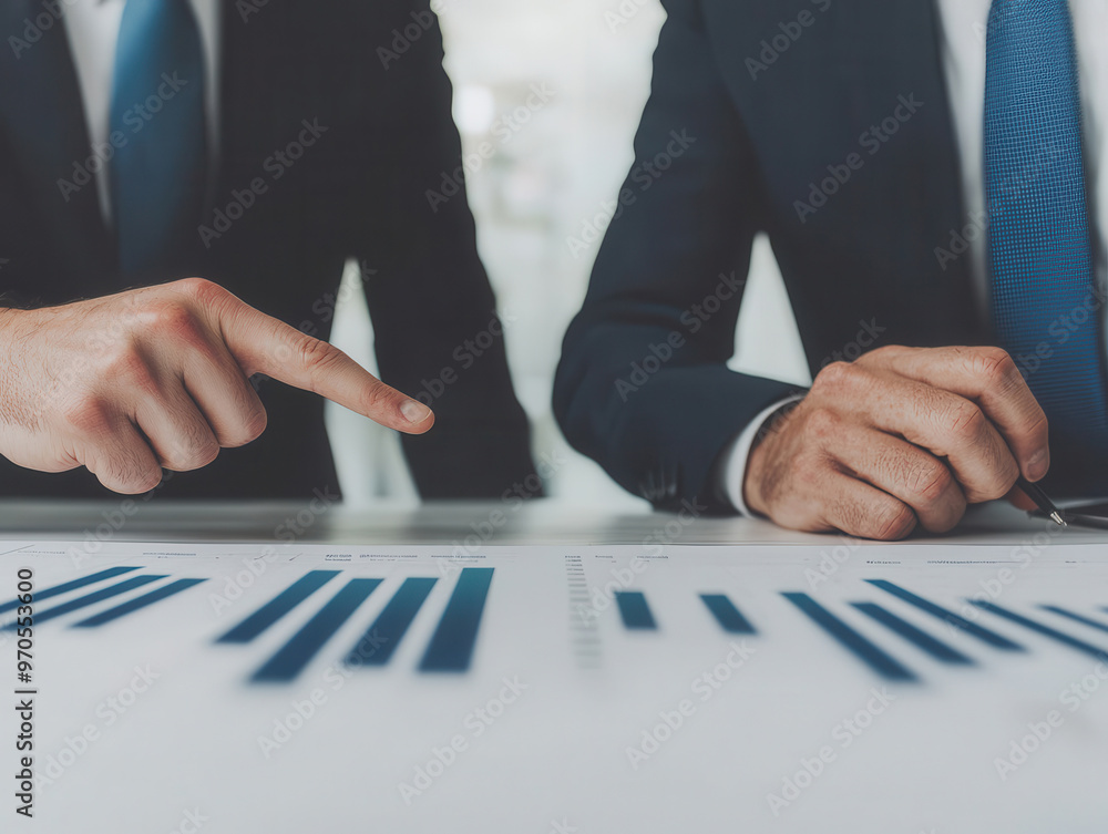Poster business professionals analyzing data charts on table to discuss strategies and performance in a cor