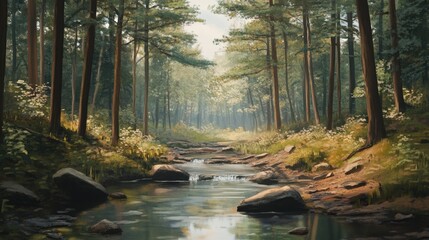 Obraz premium peaceful pine forest with a gentle stream flowing through it.