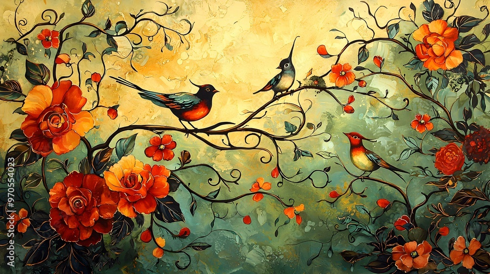 Poster art nouveau mural of flowing vines, vibrant colors and intricate patterns create a mesmerizing scene
