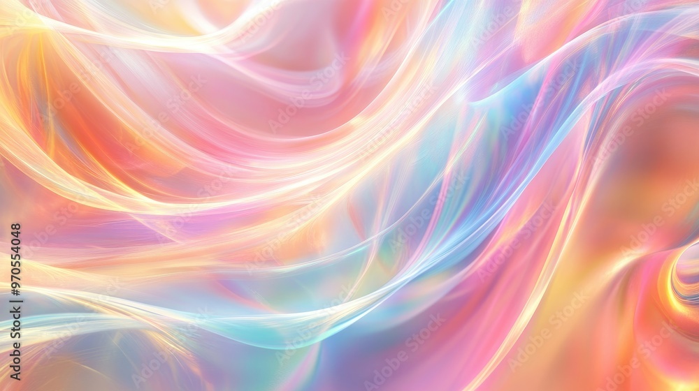 Poster dynamic swirling rainbow light patterns moving across a pastel background, creating a soft and vibra