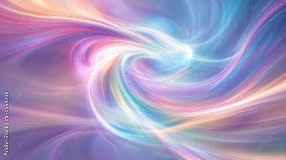 Poster dynamic swirling rainbow-colored light patterns, gracefully flowing on a soft pastel background for 