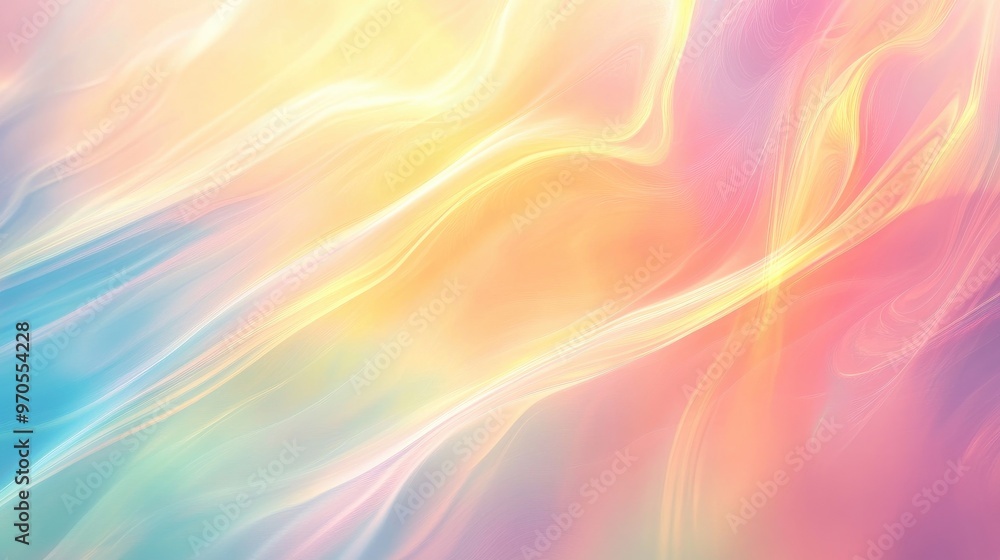 Poster dynamic swirling rainbow light patterns moving across a pastel background, creating a soft and vibra