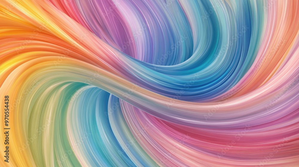 Poster elegant rainbow-colored swirls flowing dynamically on a pastel backdrop, creating a vibrant and drea