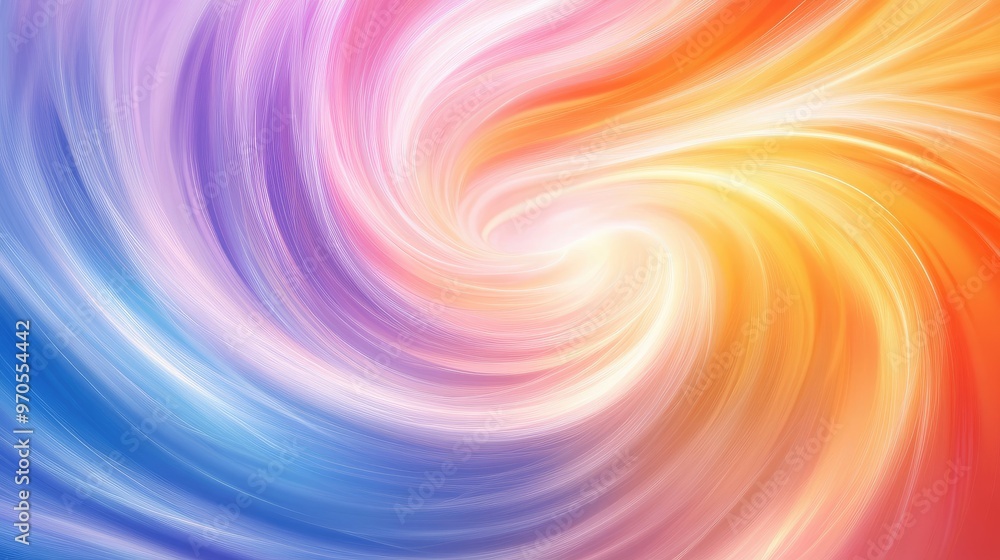 Poster dynamic swirling rainbow-colored light patterns, gracefully flowing on a soft pastel background for 