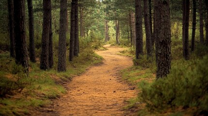 Fototapeta premium pine forest with a winding trail covered in a bed of pine needles.