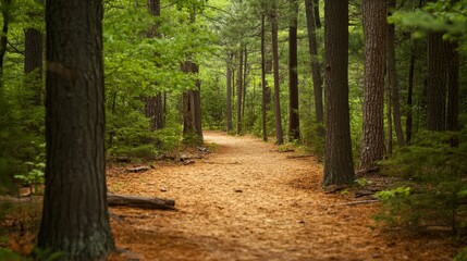 Obraz premium pine forest with a winding trail covered in a bed of pine needles.