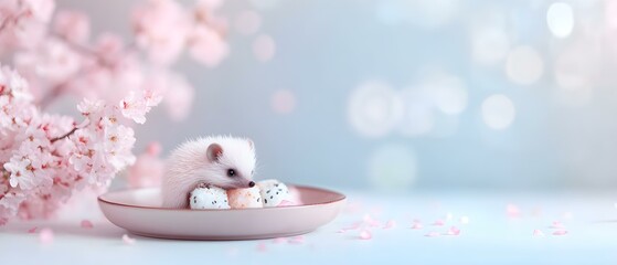 Hedgehog on Sushi, a small hedgehog playfully rolls on a colorful sushi piece, blending the charm of wildlife with culinary delight.