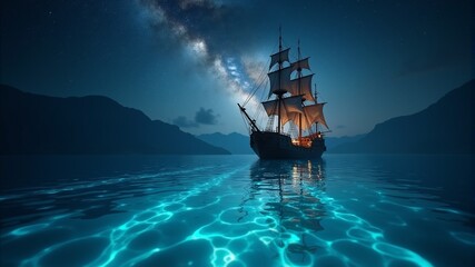 Obraz premium A ship in the ocean sails through clear water reflecting the light of the full moon.