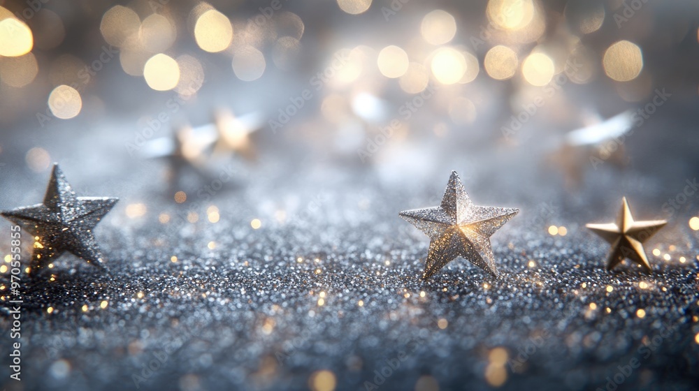 Poster elegant tiny star sparkles twinkling on a soft pastel-grey background, creating a dynamic and magica