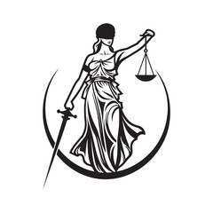 blind Justice lady clipart - Statue of Justice vector illustration in black and white