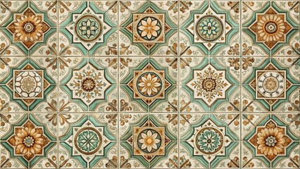 Geometric retro background with ceramic tiles in muted colors and symmetrical patterns