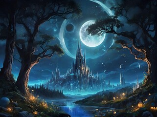 Majestic Futuristic City with Tall Buildings with River Flowing through The Woods with Fireflies and Moon with Planets in The Midnight Sky with Stars Landscape