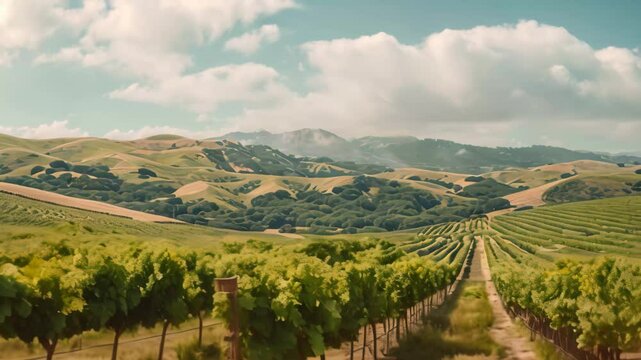 A vineyard with rows of grapevines stretches out across rolling hills under a bright blue sky with white clouds, A picturesque vineyard with rolling hills