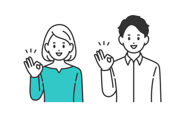 OKサインのポーズをする若い男女のセット【人物ベクターイラスト素材】