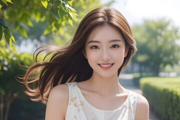 Fototapeta premium beautiful woman with flowing brown hair and bright hazel eyes