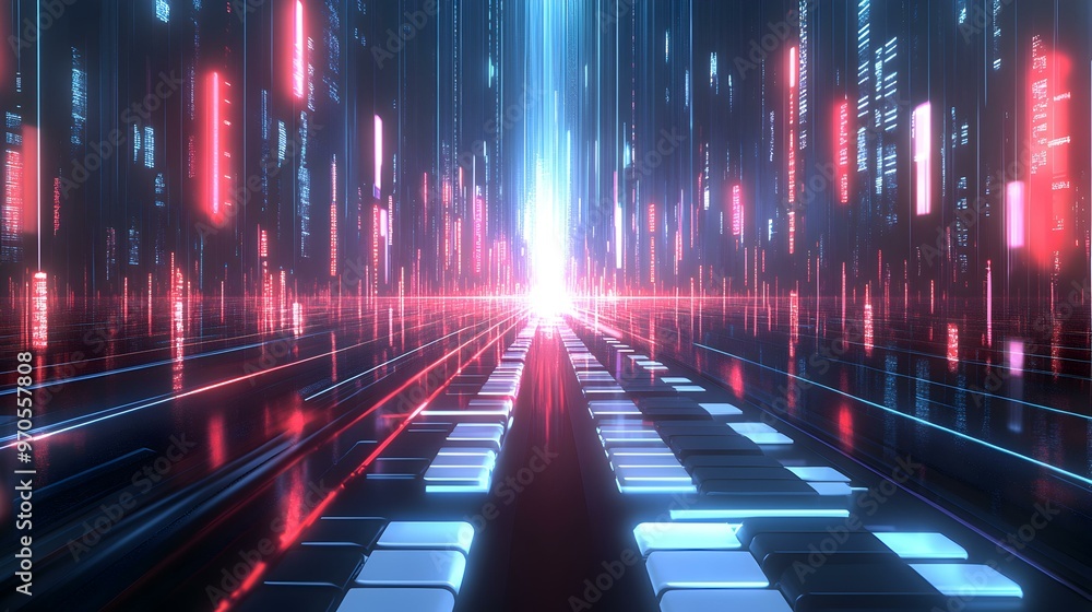 Poster glowing neon keyboard in dark room, vibrant illumination casting colorful reflections, creating an i