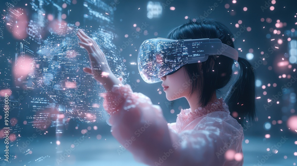 Poster digital world exploration: woman interacting with futuristic augmented reality hologram in cartoon-s