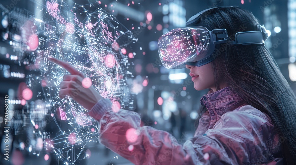 Aufkleber futuristic woman engaging with holographic ar interface in virtual reality - high-tech cartoon 3d di
