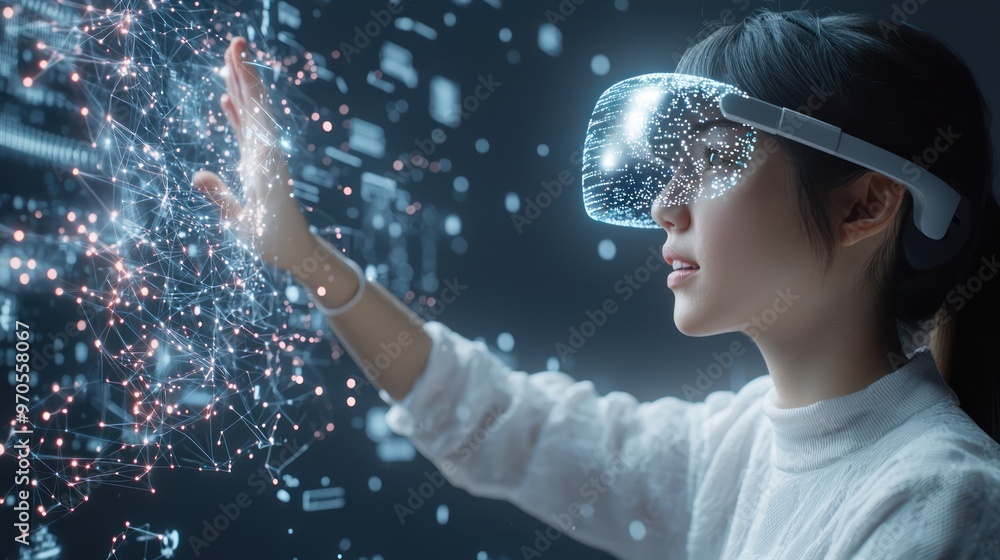Poster futuristic woman engaging with holographic ar display in cartoon-style virtual reality environment w