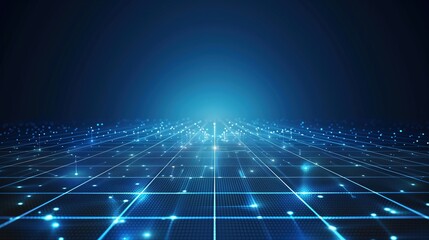 Fototapeta premium Wide-Angle View of Blue Technological Background with Glowing Lights and Grid Lines. High-Resolution Dark Blue Vector Illustration Featuring Futuristic Design Elements and Digital Connectivity Concept