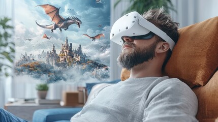 Man in Virtual Reality Headset Exploring Cartoon Fantasy World with Dragons and Castles in Modern Living Room, Generative AI