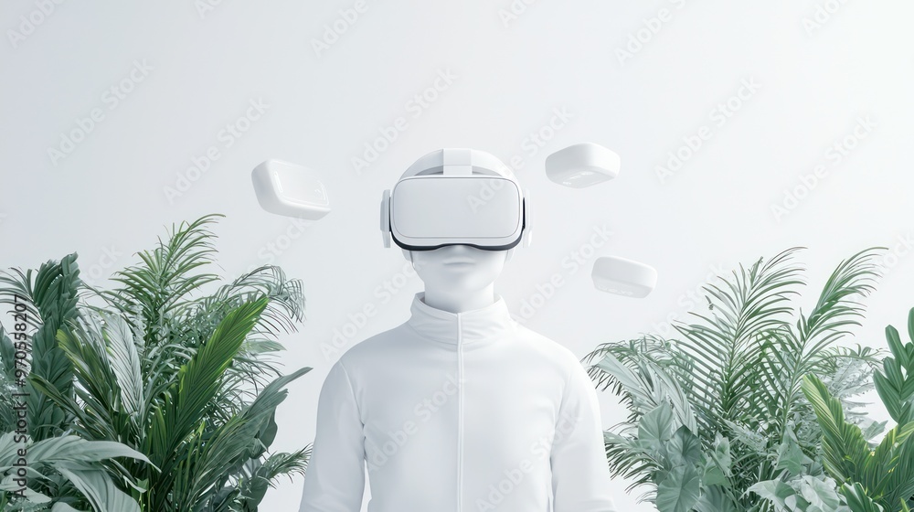 Poster futuristic augmented reality experience in minimalist white room with cartoon-style 3d ui control, g
