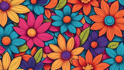 A colorful floral pattern with vibrant flowers in various shades of yellow, red, blue, purple and orange. The background is a dark blue.