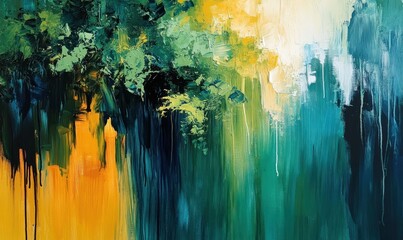 Obraz premium Abstract painting composition with vibrant green and yellow colors. Dynamic brushstrokes.