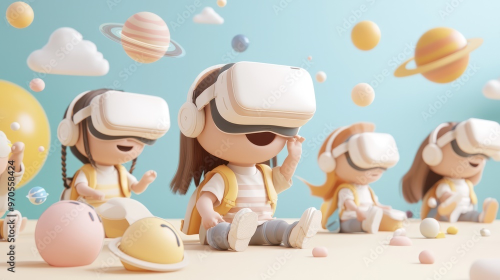 Poster futuristic virtual reality classroom with students exploring 3d solar system in cartoon style, gener