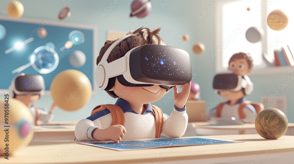 Poster immersive virtual reality classroom experience: students engaging with 3d solar system simulation, g