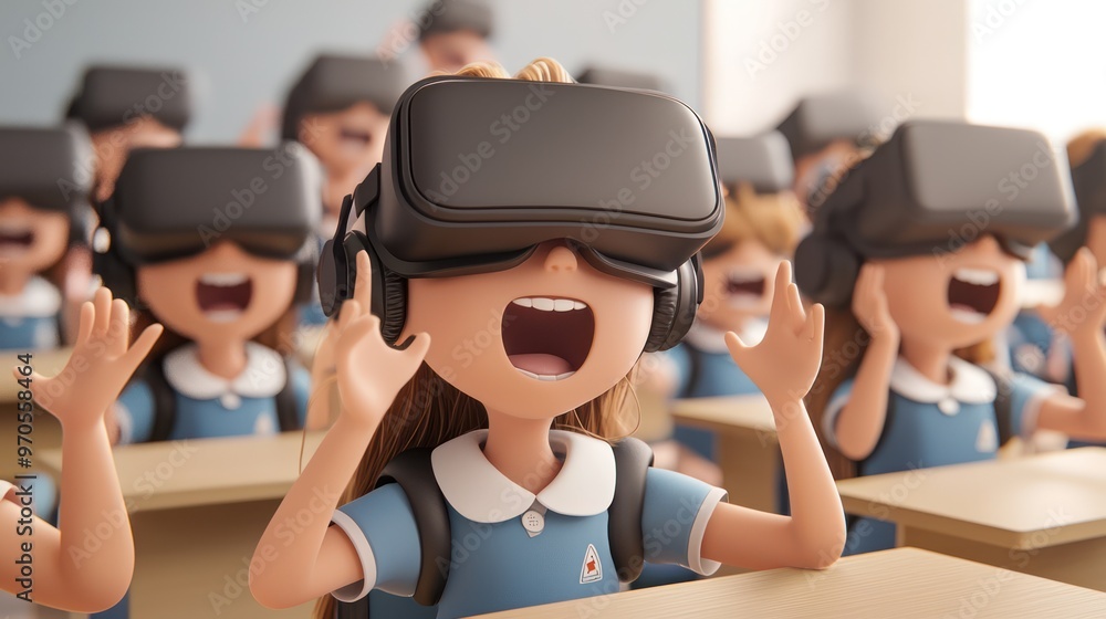 Poster virtual reality classroom: students exploring 3d solar system in cartoon style 32k resolution with h