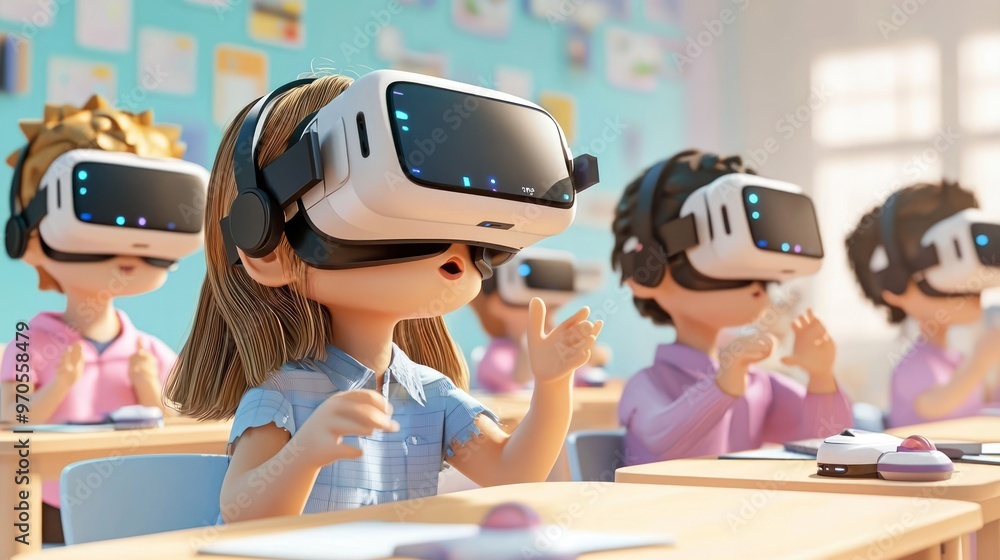 Poster futuristic virtual reality classroom with students exploring 3d solar system in cartoon style, gener